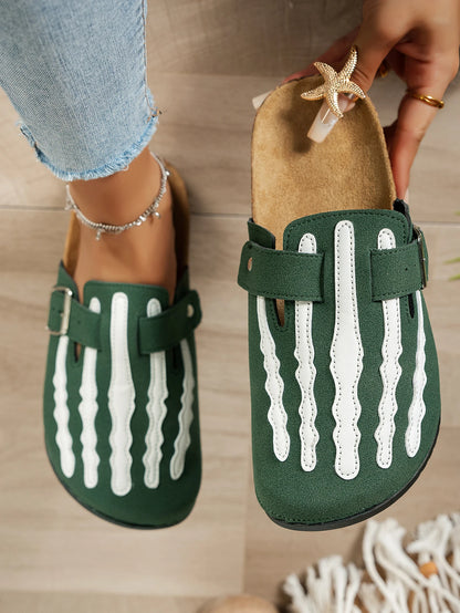 Womens Skeleton Print Slip On Sandals With Buckle Strap Closed Toe