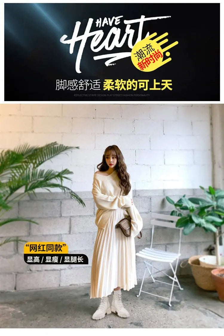 Booties 2025 New Korean Style Fleece-Lined Autumn Winter High-Top Cotton Shoes Women's Boots High Heel Mid-Calf Bootsins