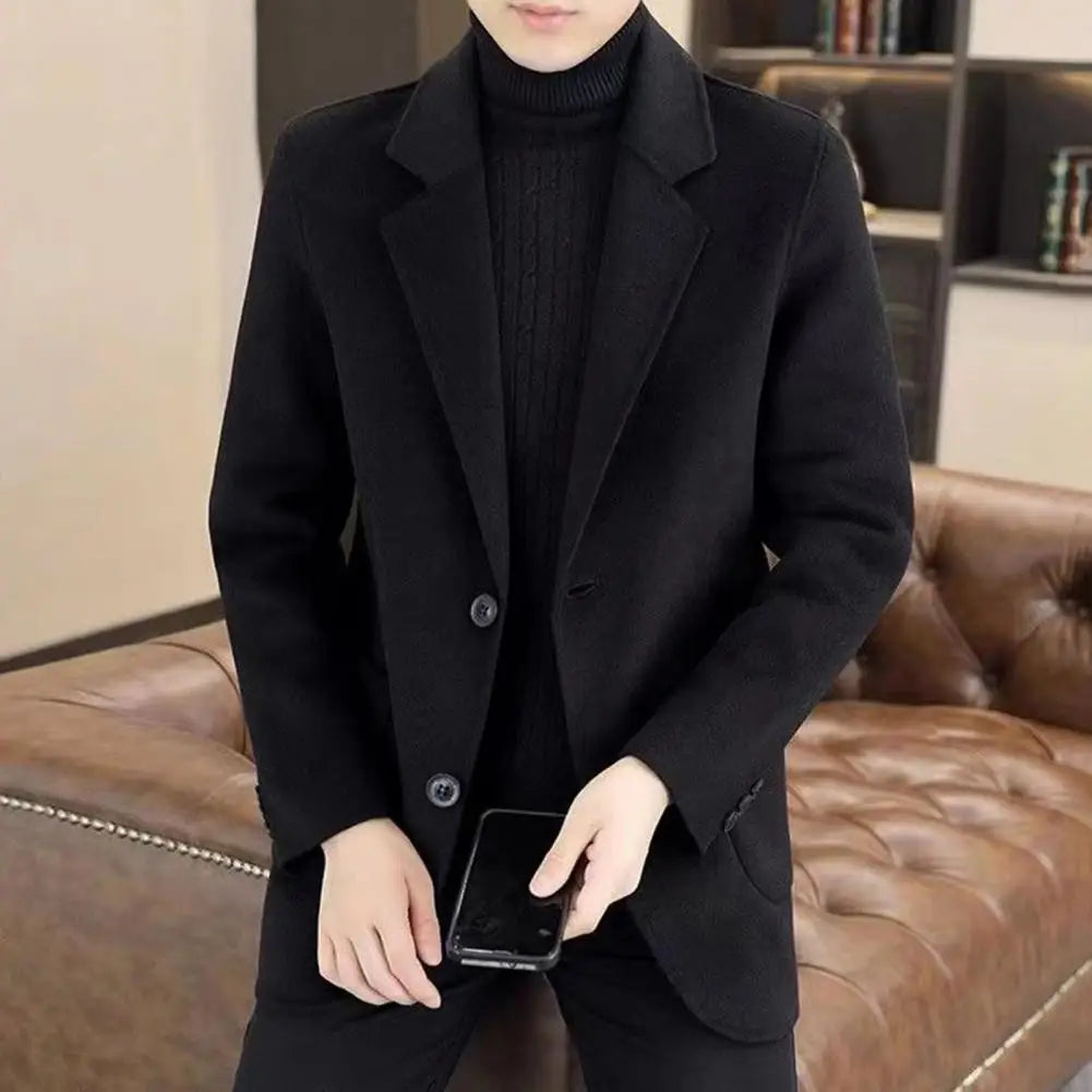 Wool Suit Coat Lapel Long Sleeve Single Breasted Two-Button Jacket With Pockets Solid Color Suit Jacket Black Denim Male Wear