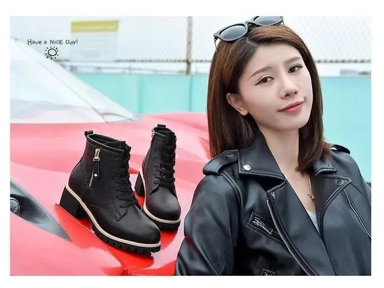 Women's Chunky Sole Ankle Boots     Lace-Up & Side-Zip Combat Boots Winter Fleece-Lined Booties Versatile Leather Boots Platfo