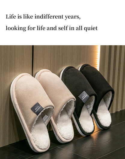 Men's Warm Plush Lined Indoor Slippers with Flat Heel