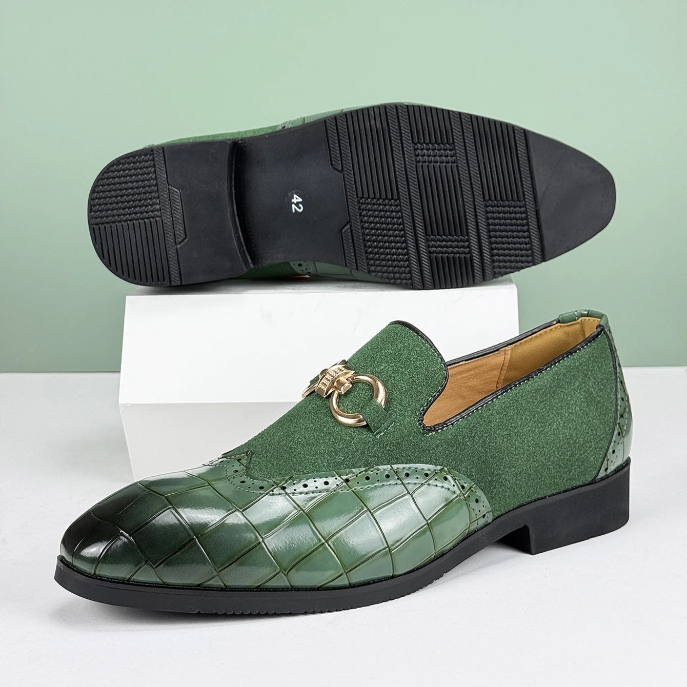 Mens Green Leather Dress Shoes, Slip-On, Pointed Toe, Non-Slip