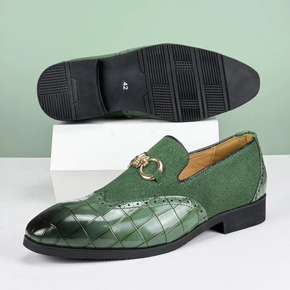 Mens Green Leather Dress Shoes, Slip-On, Pointed Toe, Non-Slip