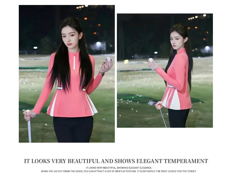 2025 New Golf Shirt Women Long Sleeve Zipper Collar T-Shirt Ladies Slim Pleated Golf Tops Breathable Casual Tennis Sportswear