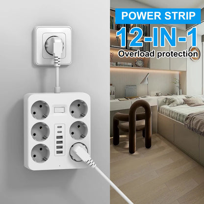 Wall Socket Extender 6 Outlets 4 Usb 2 TypeC Eu Plug Master Switch