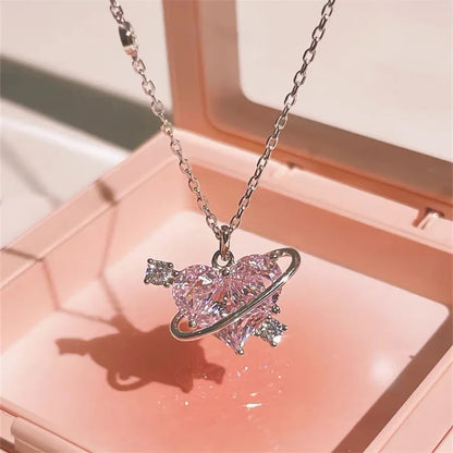 Pink Planet Heart Zircon Pendant Necklace Zinc Alloy For Women