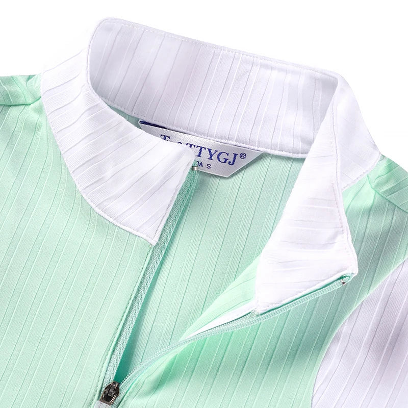 TTYGJ Autumn Spring Golf Clothing Women Contrast Color Golf Base Shirt Ladies Zipper Collar Soft Tops Slim Casual Sportswear