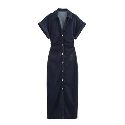 Denim Midi Dress For Women With Lapel And Side Zipper