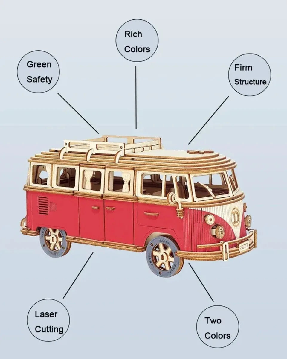 3D Wooden Car Retro Bus Europeanstyle Campervan DIY Manual Assembly Puzzle Camper Van Educational Toy for Children Christma Gift