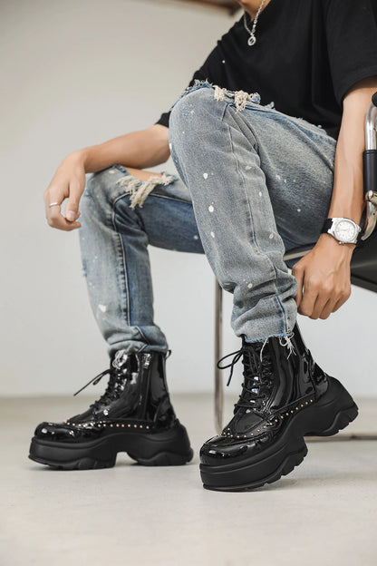 Mid-Calf Leather Motorcycle Boots With Rivet And Lace-Up 4.5 cm Thick Sole