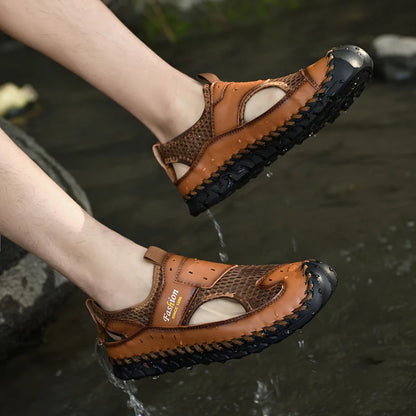 Men's Breathable Leather and Mesh Sandals with Elastic Band