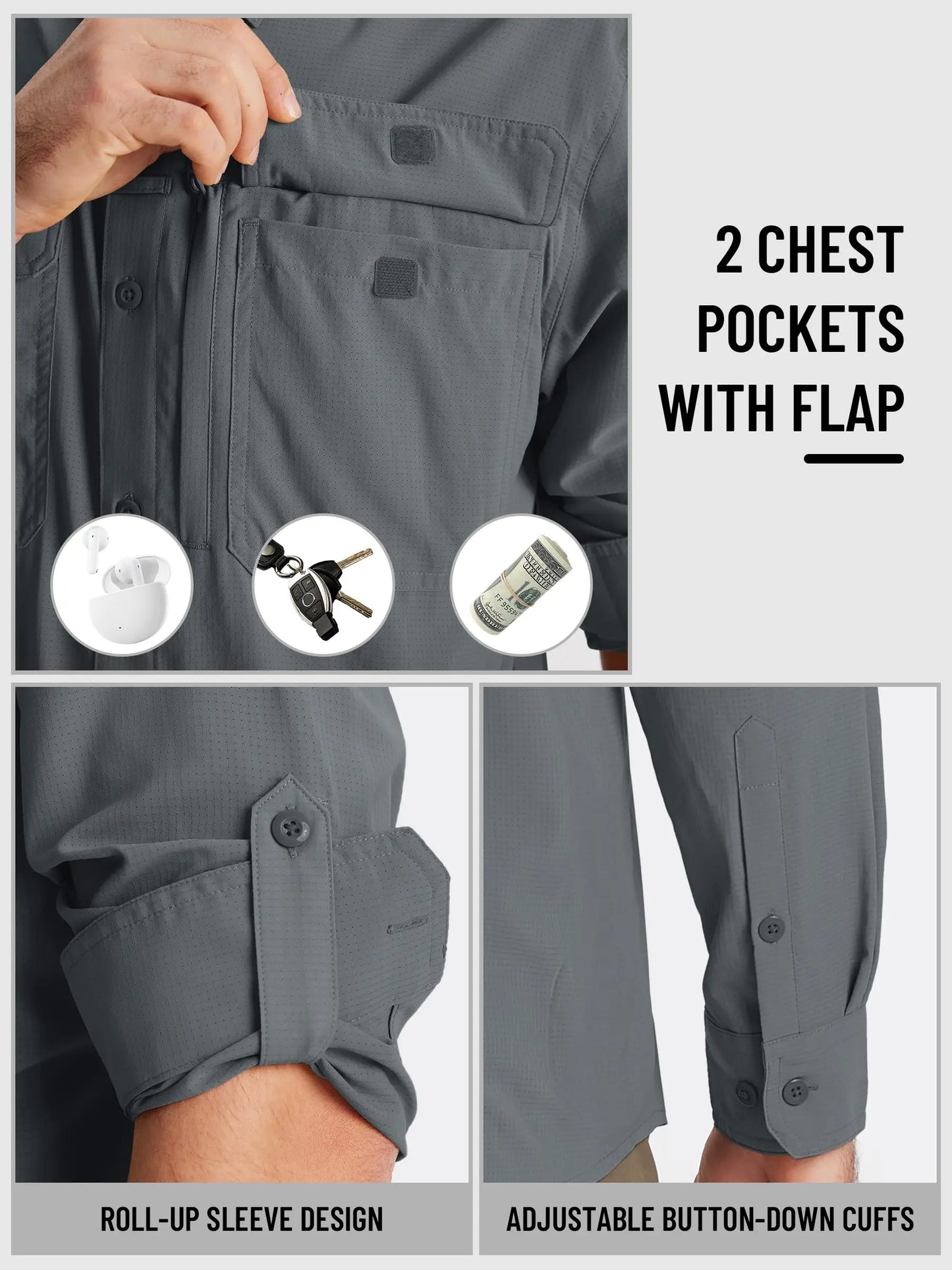 TACVASEN UPF 50+ Sun Protection Fishing Shirts Men's Quick Dry Long Sleeve Shirts Mesh Breathable Hiking Work Cargo Shirts