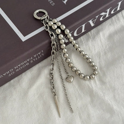 Pearl Beaded Keychain With Peach Heart Bead And Zinc Alloy Chain