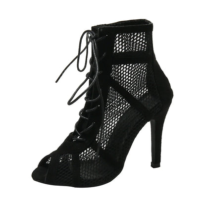 Women's Hollow Mesh Peep Toe Ankle Strap Sandals, Black, 3-5 cm Heel