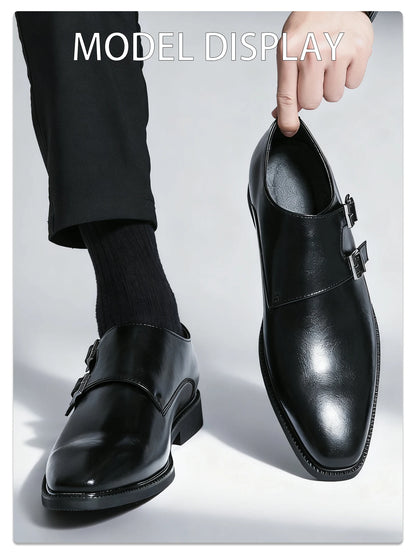 Men's Leather Monk Strap Pointed Toe Oxford Shoes With Buckle