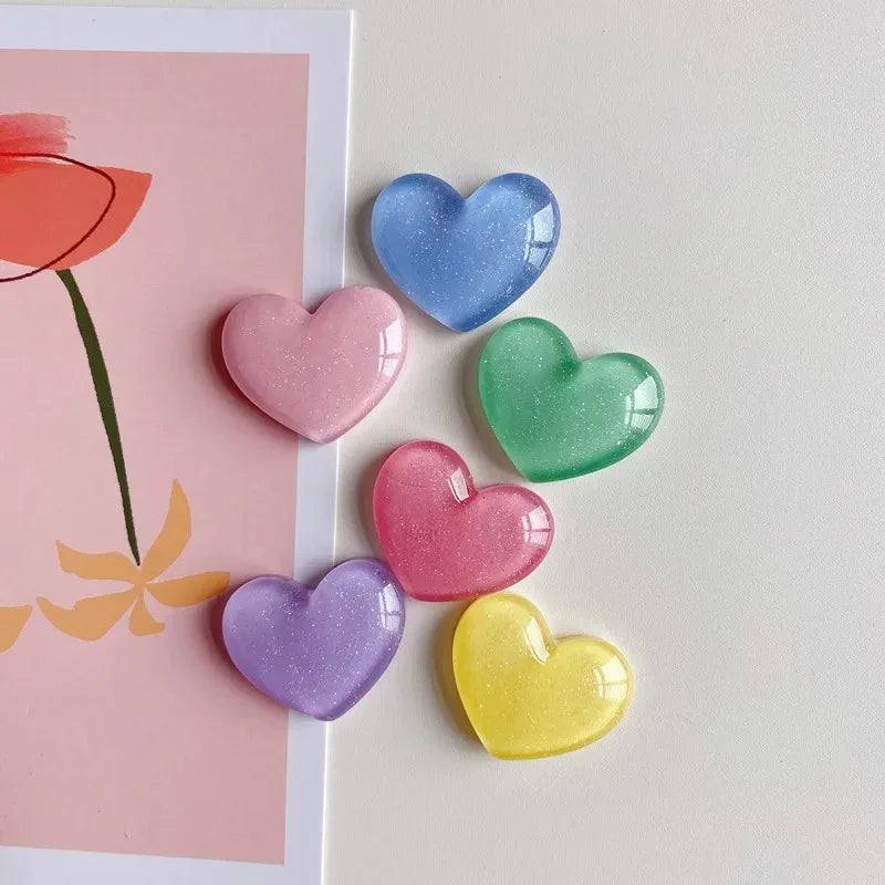 Heart-Shaped Glitter Colored Fridge Magnets Set, Resin 2.5x2.2 cm, 6 Pieces