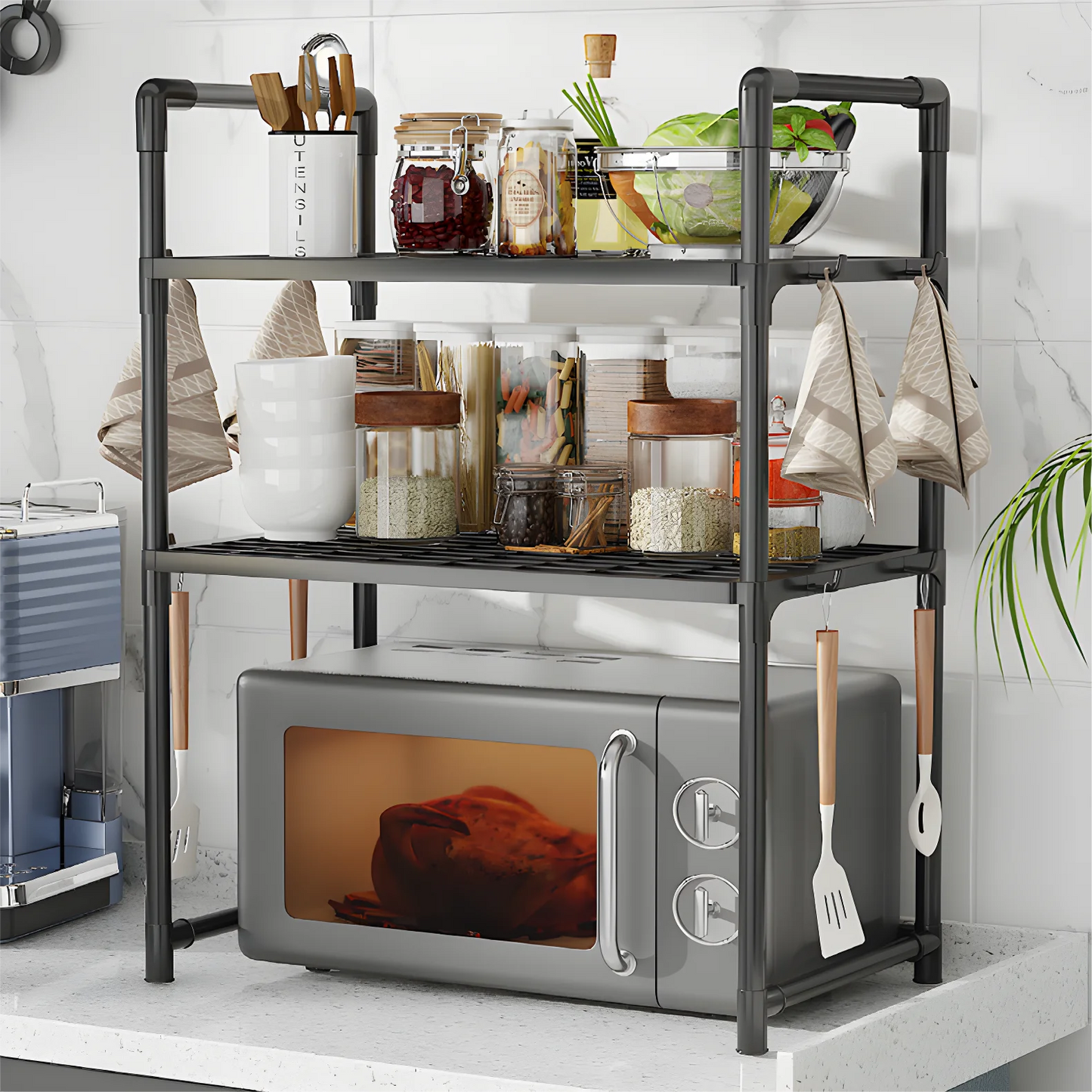 1pc Microwave Oven Storage Rack, Space-saving Countertop Kitchen Utensils Tableware Organizer, Kitchen Accessories Plastic Shelf