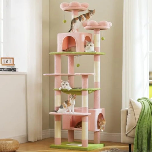 Flower Cat Tree for Large Cats 81 Inches Pink Tall Cat Tower with 2 Perches 2 Condos and Spacious Hammock XL Extra Large Condo