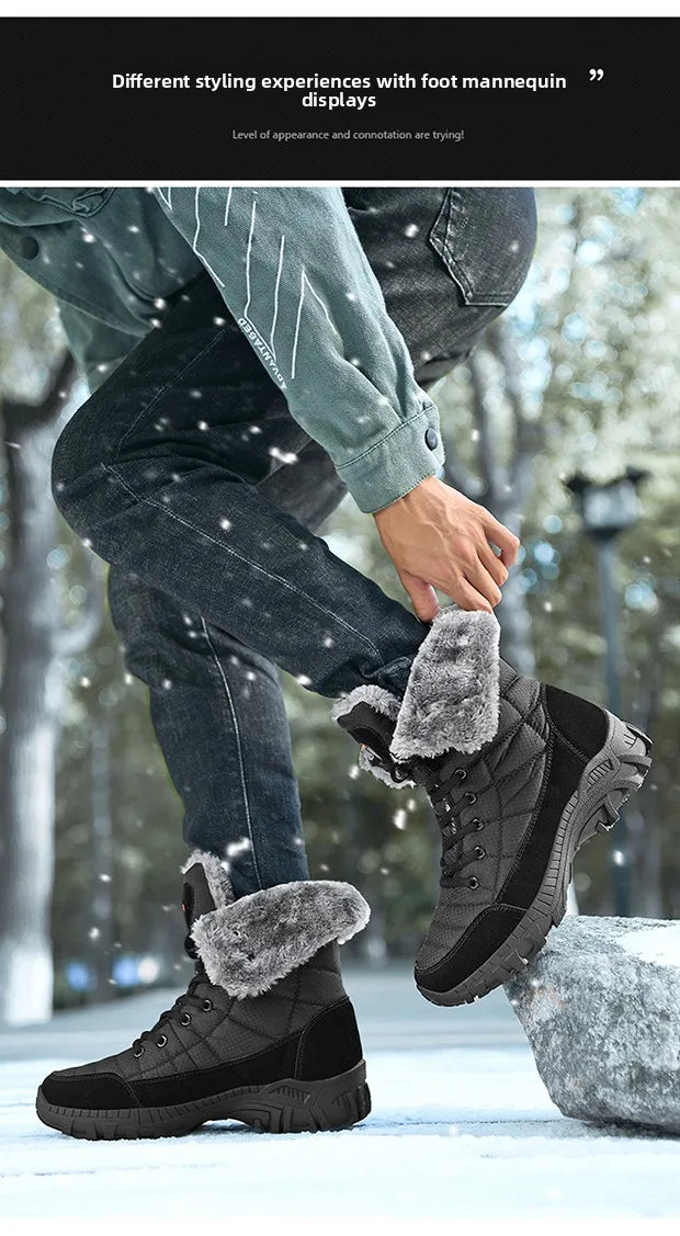 Men Winter Snow Boots Waterproof Leather High Top Plush Lined MidCalf Big Size