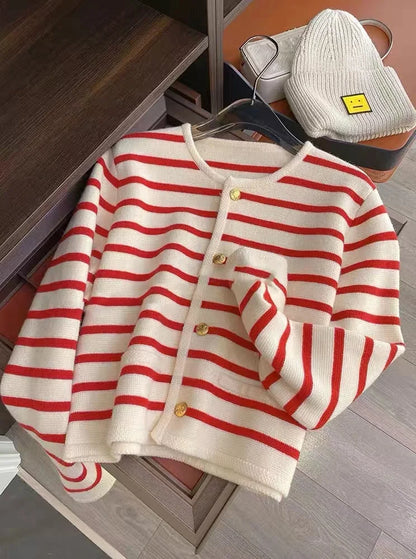 Cardigan Womens O-Neck Stripe Knit Long Sleeve Sweater