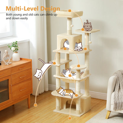 Cat Tree Tower With Five Levels, Wood Frame, Plush Fabric, Sisal