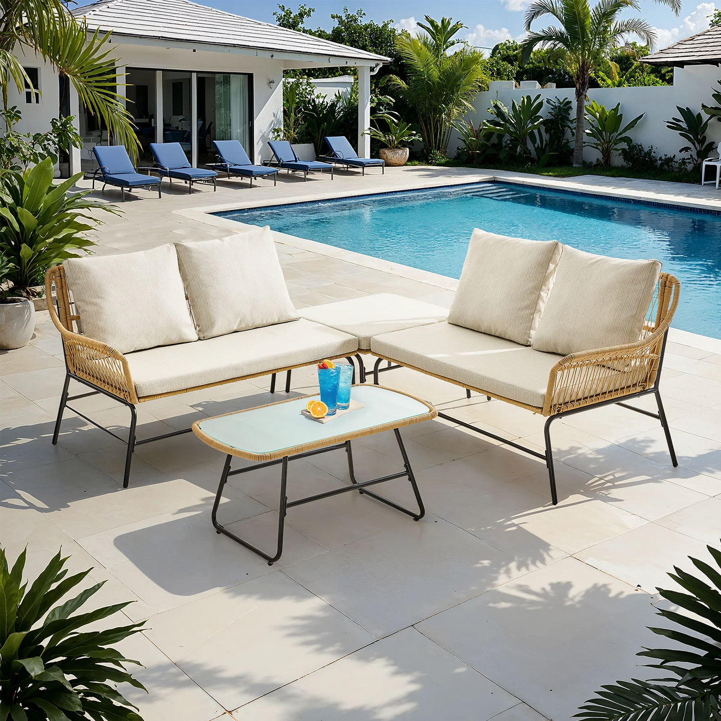 4-Piece Outdoor Sectional Set, Wicker Patio Couch Sets and Glass Coffee Table, L-Shaped Waterproof Olefin Fabric Outdoor Sofa