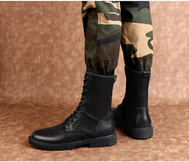 Men's Leather Motorcycle Boots Mid-Calf With Plush Lining