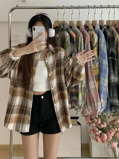 Women Plaid Shirt Long Sleeve Turn Down Collar Single Breasted Loose Fit
