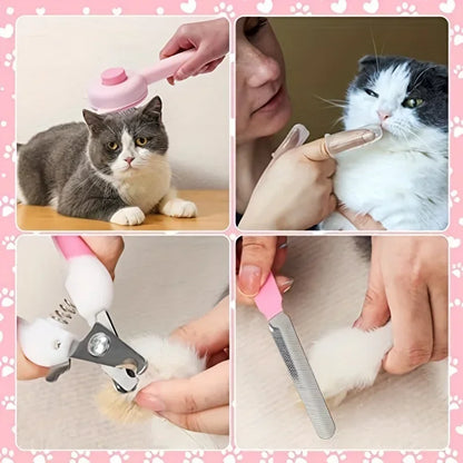 Cat Grooming Kit 8-Piece Plastic Nail Clippers Flea Brush Set