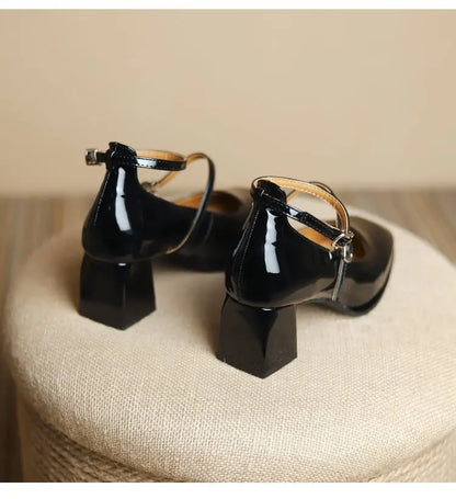 Leather Mary Jane Pumps Buckle Strap Shallow Square Toe High Heel Women