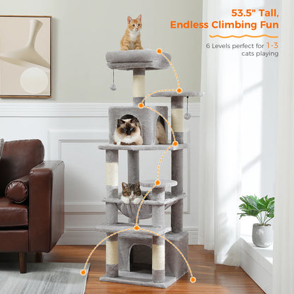 Cat Tree Tower With Five Levels, Wood Frame, Plush Fabric, Sisal