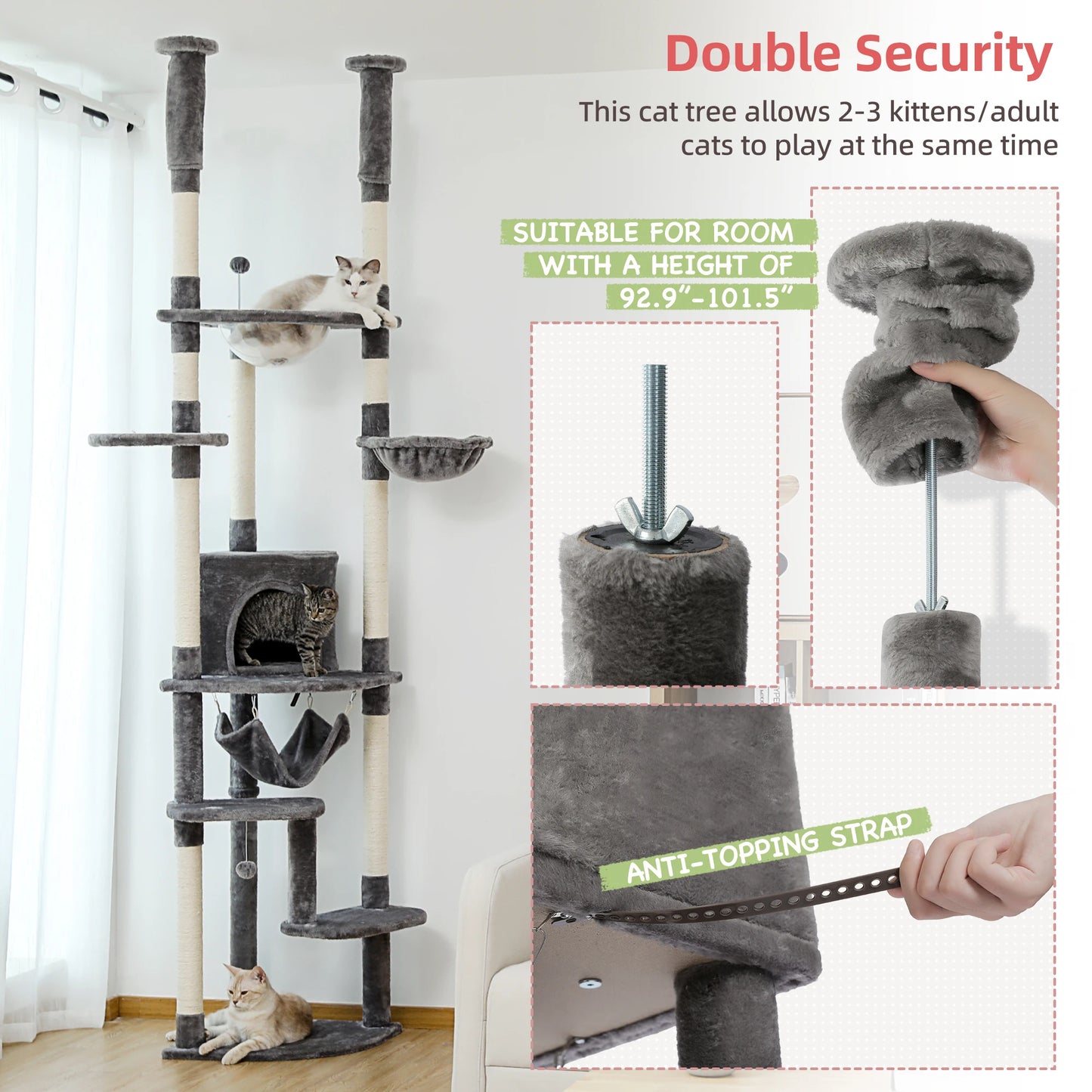 Floor to Ceiling Cat Tree with Sisal Scratching Posts Cozy Condo Hammock Adjustable Height Tall Cat Tower for Indoor Cat Toys