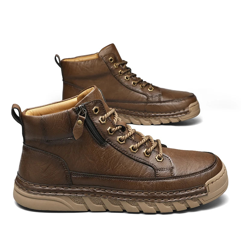 Men Leather Boots Mid Calf Lace Up Anti Slip Rubber Outsole