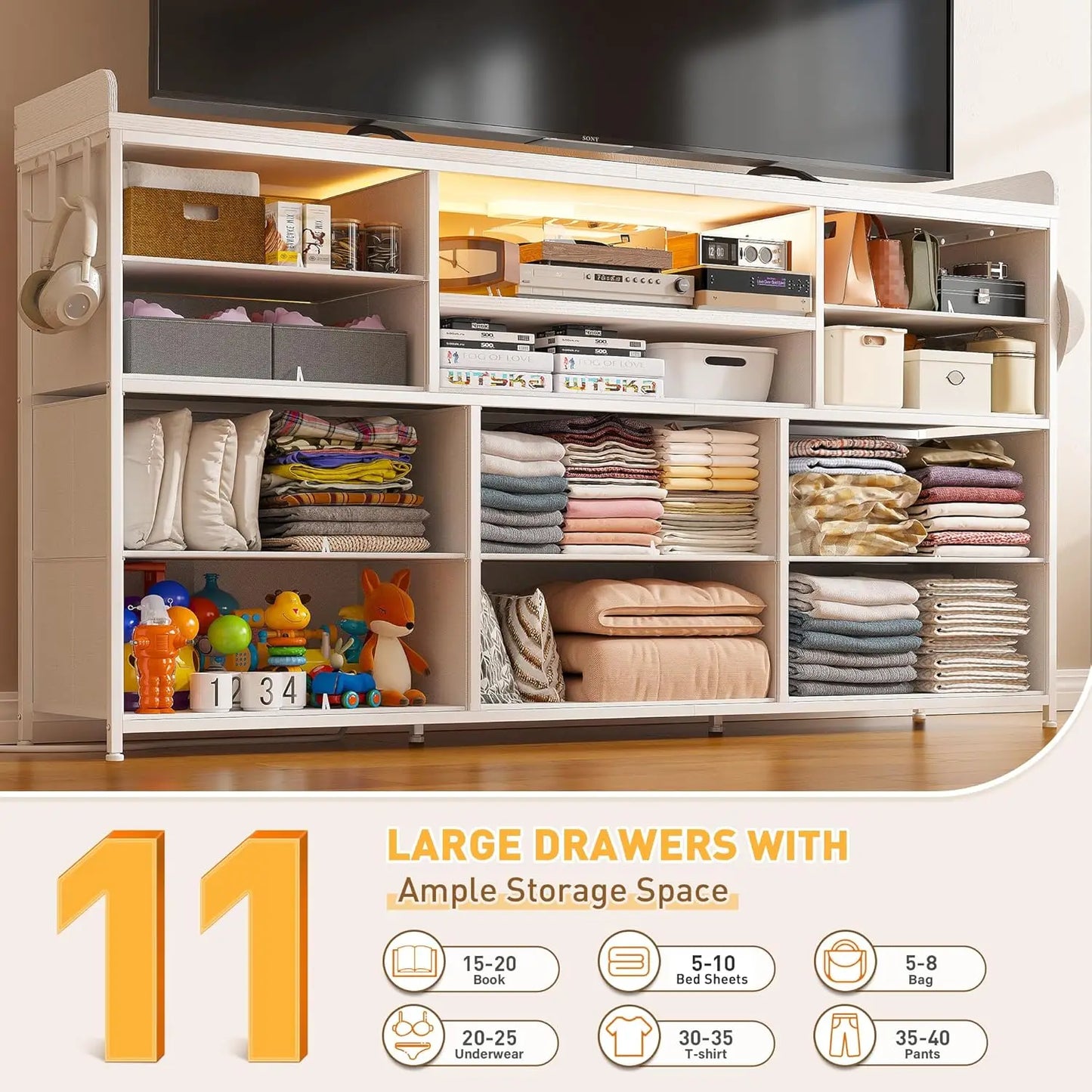 Dresser for Bedroom with 11 Drawers for 60" TV Stand for Bedroom with LED Lights & Charging Station Long Dresser with Shelves