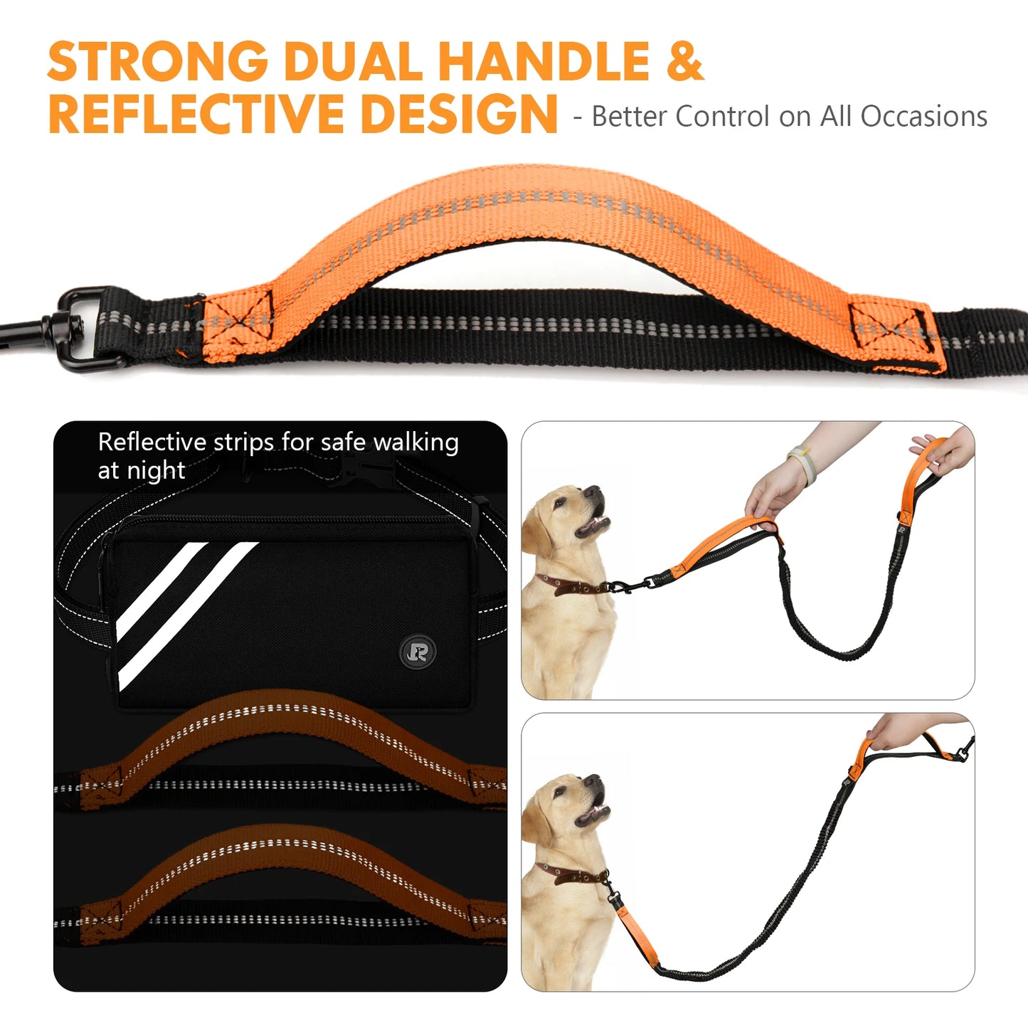 Hands Free Dog Leash with Zipper Pouch, Dual Padded Handles and Durable Bungee for Walking, Jogging and Running Your Dog