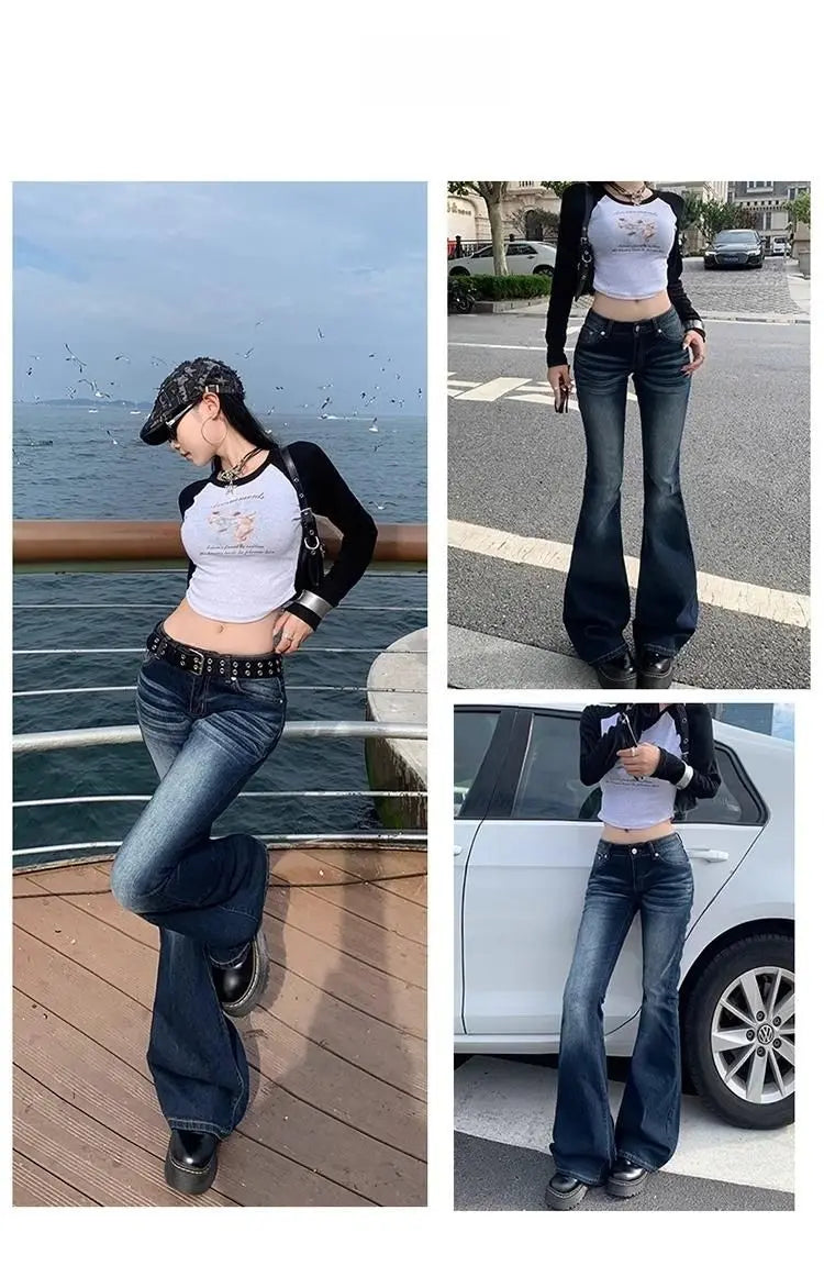 Y2K Slim Fit High Waist Casual Womens Jeans Retro Denim Pants Low Rise Flared Trousers Long Bootcut Drag Autumn for Women