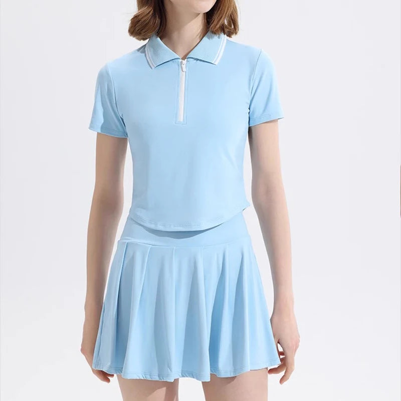 Women's summer new tennis suit set, short polo shirt, short sleeved sports top paired with pleated anti glare skirt pants
