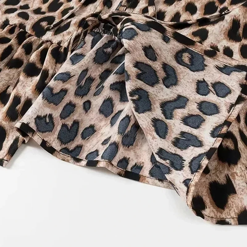 MUJER Leopard Print Crop Top Women Puff Sleeve Ruffle Blouses Woman 2025 Summer Shirts and Blouses for Women Ruched Ladies Tops