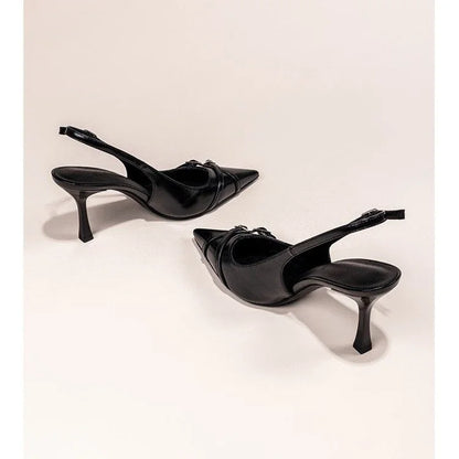 Women Black Pointed Toe Stiletto High Heel Shoes Back Strap Buckle Decor