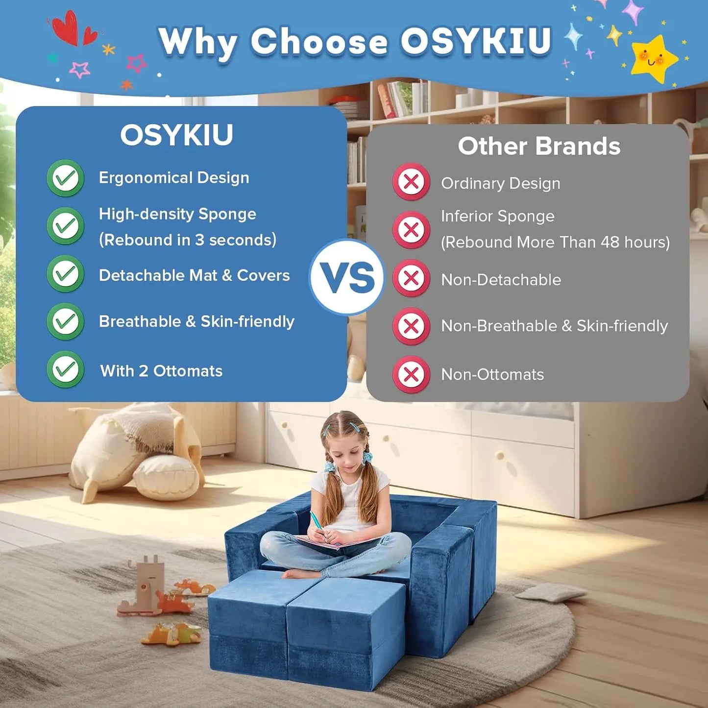 7-Piece Modular Kids Sofa Set, Convertible Toddler Play Couch for Creative Fun and Comfortable Sleeping, Blue