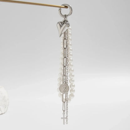 Pearl Beaded Keychain With Peach Heart Bead And Zinc Alloy Chain