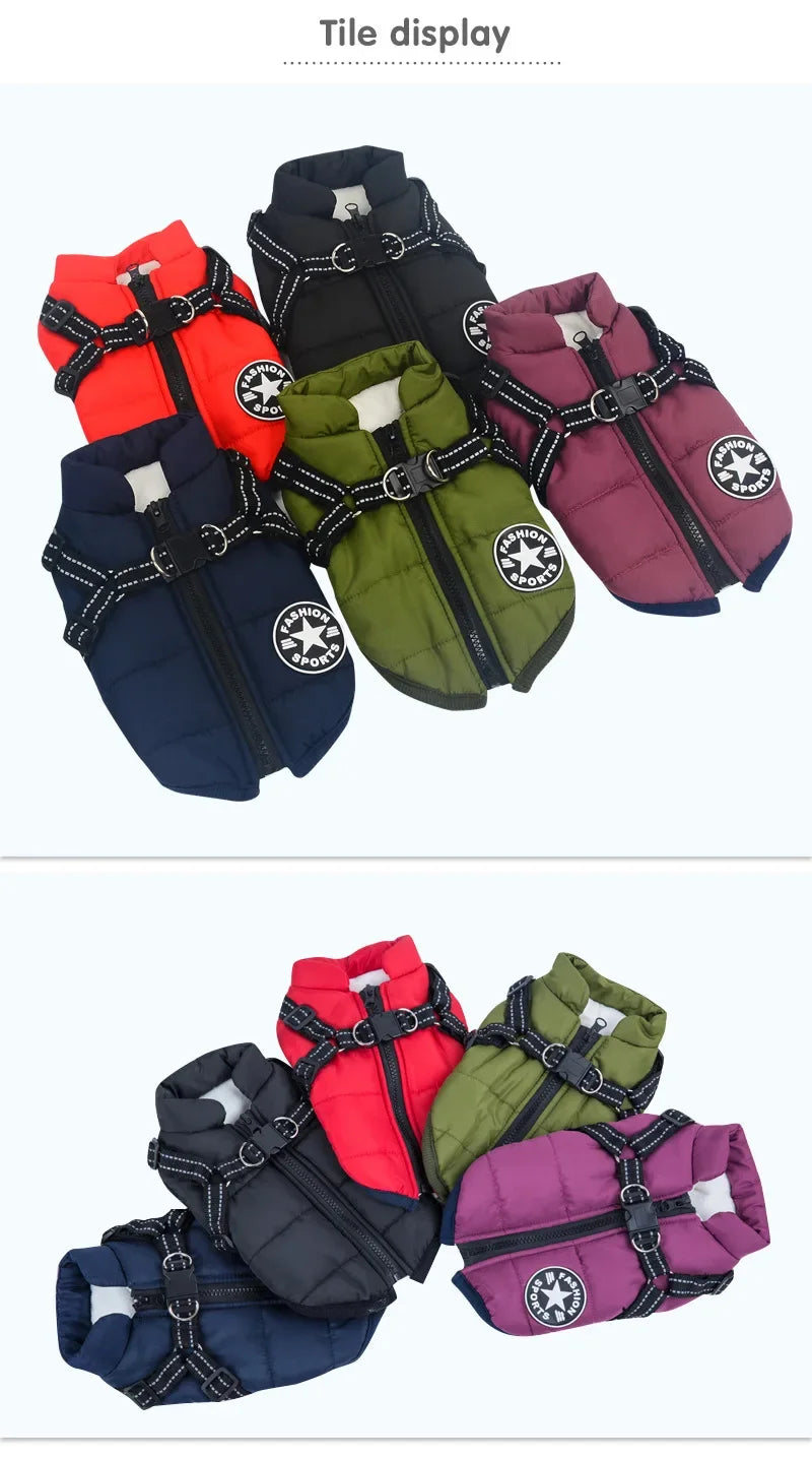 Winter Warm Dog Coat with Harness – Waterproof Jacket for Labrador, French Bulldog, Chihuahua