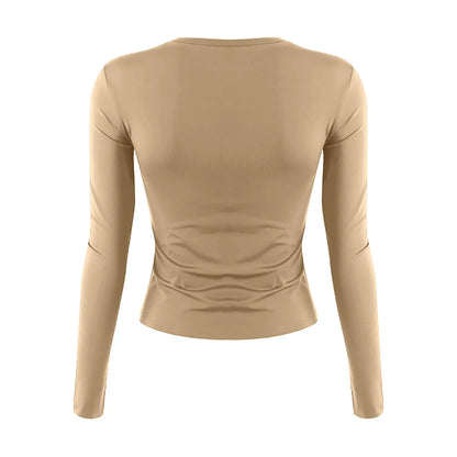 O-Neck Long Sleeve Cropped Top For Women Broadcloth Polyester
