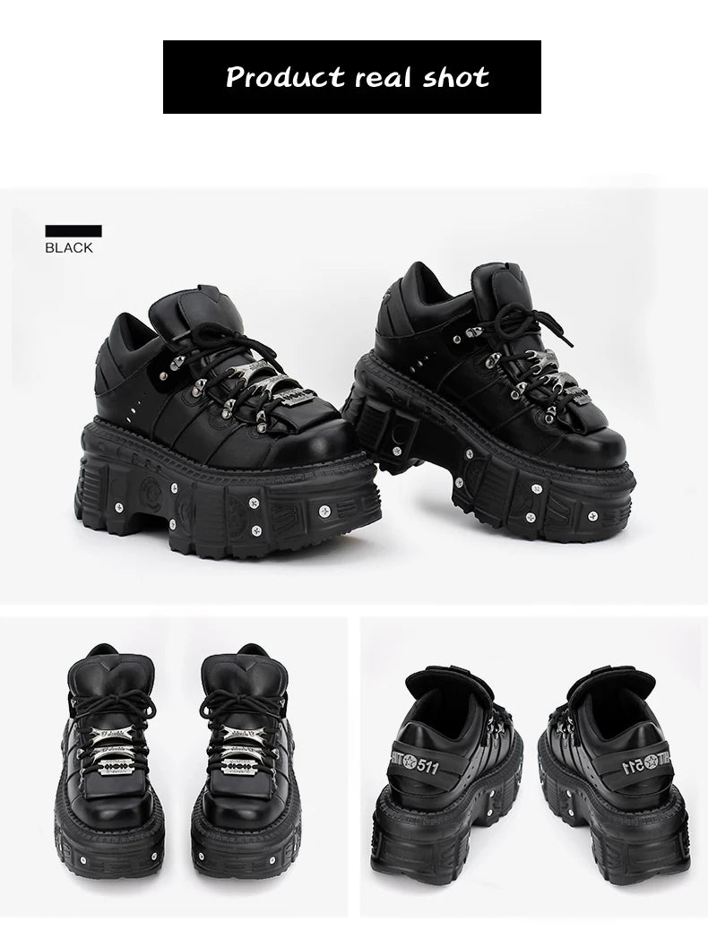 2025 New Punk Style Women Shoes Lace-up Heel Height 6CM Platform Shoes Woman Gothic Ankle Rock Boots Metal Decor Woman Sneakers