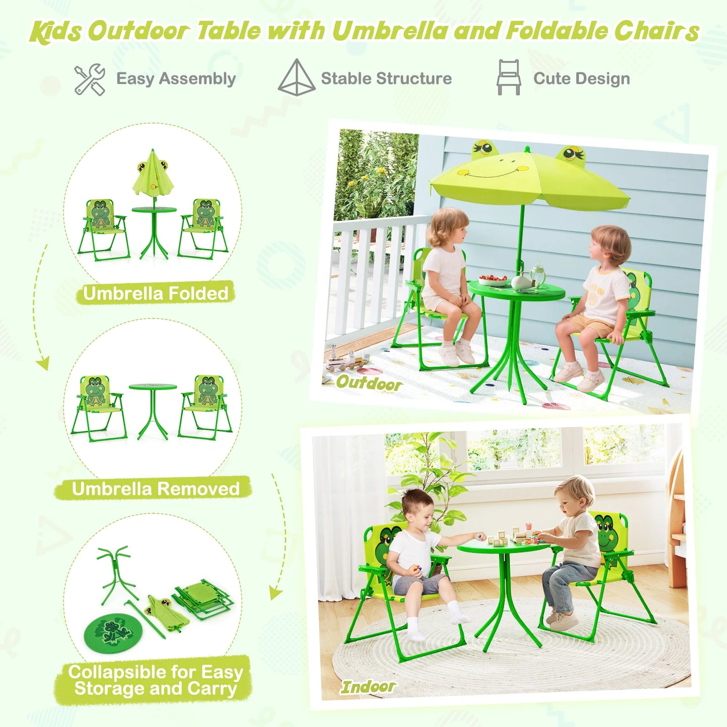 Kids Picnic Table & Chair Set with 2 Folding Chairs & Height Adjustable Umbrella