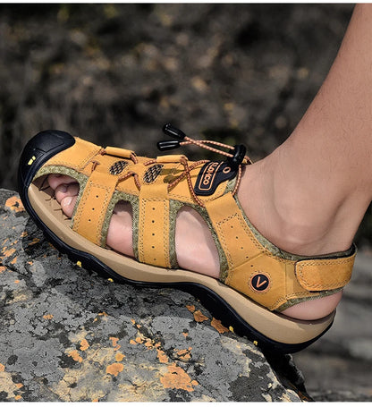 Men's Leather Sandals Handmade Thick Rubber Sole Breathable Slip On