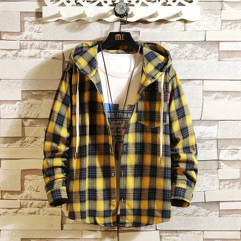 Hooded Cardigan Shirts Men Single Breasted T Shirt Long Sleeve Hooded Blouses Plaid Casual Shirts Pockets Outerwear Loose