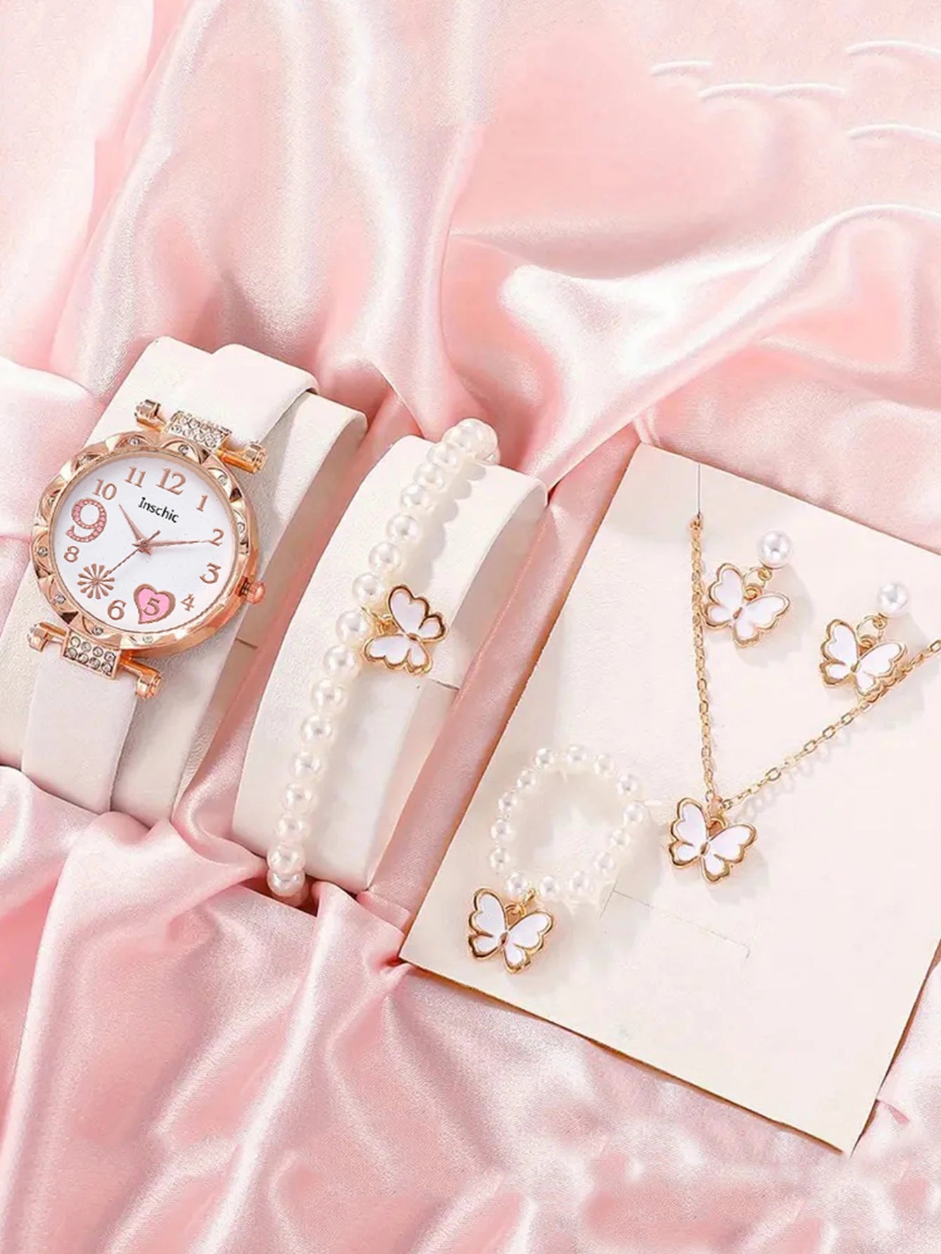 Luxury White Leather Strap Quartz Watch Set – 6 Pieces