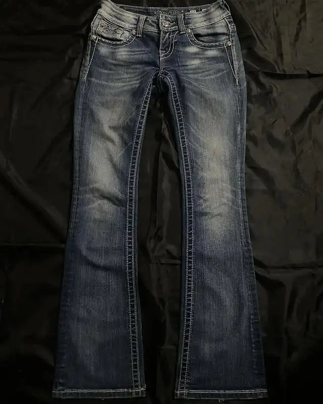 Streetwear Vintage Jeans Y2K Clothes Womens Vintage Pocket Sequin Washed Blue Baggy Jeans Mid Rise Slim Fit Trousers