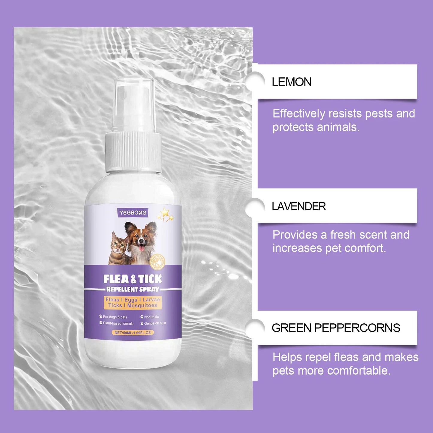 YEGBONG 50ml Flea Tick Prevention Spray for Dogs and Cats Fast Acting Waterproof Outdoor Protection with Natural Essential Oils